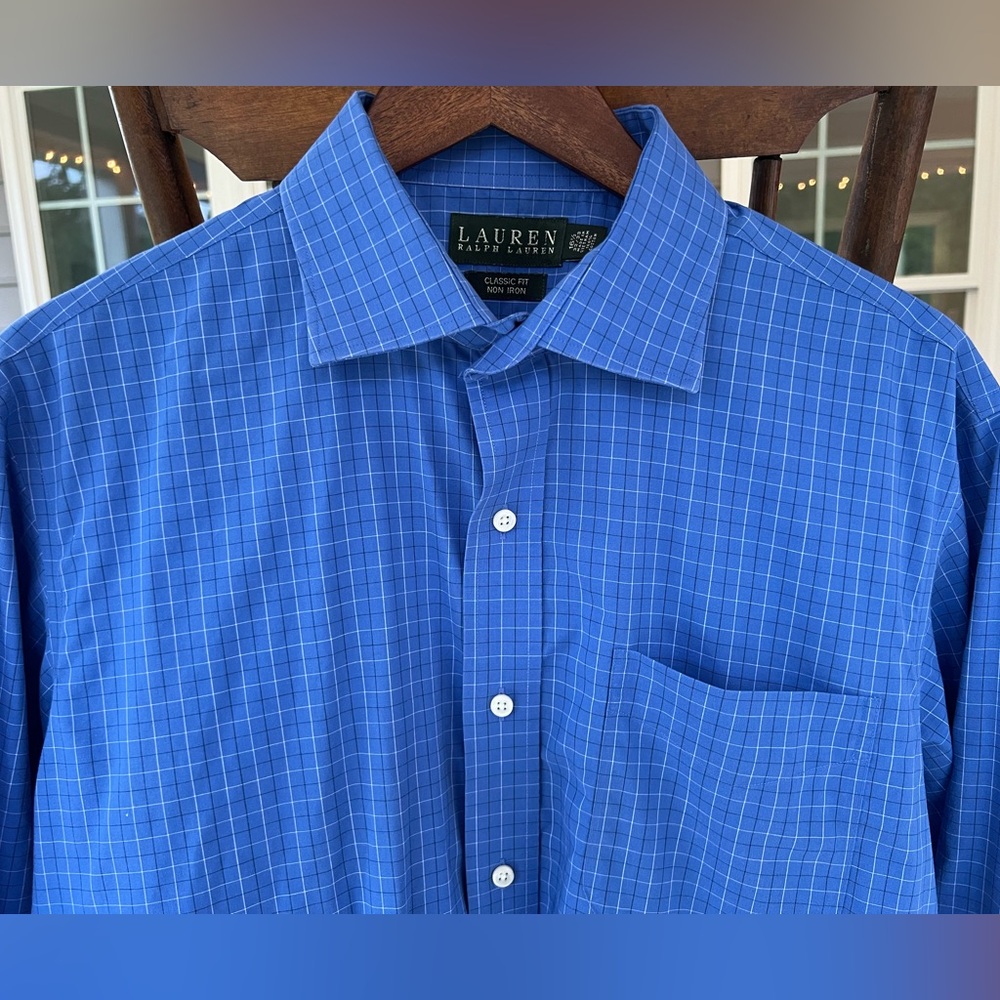 Lauren Ralph Lauren Men’s Shirt Long Sleeve Blue Plaid Classic Fit Non Iron 16.5